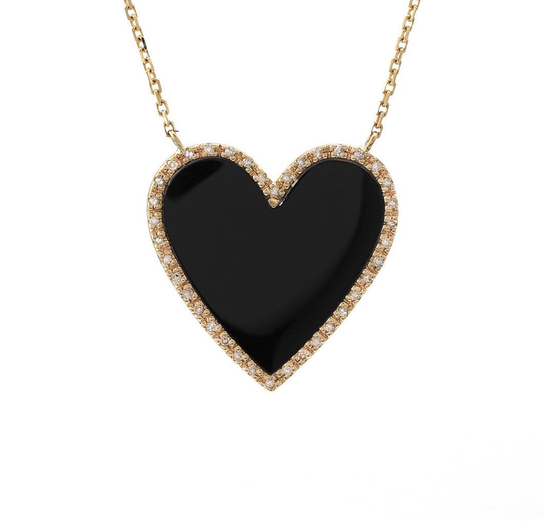 Yellow Gold Fashion Single Micro Pave Onyx Necklace (Diamond Heart W/ Onyx Necklace (14k)